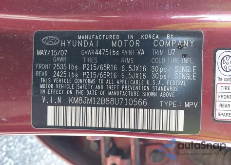 2008 Hyundai Tucson Gls z USA, uszkodzony, nr VIN KM8JM12B88U710566